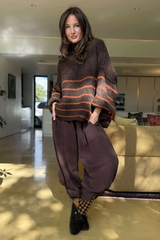 Big Softie Stripe Funnel Grunge Knit Chocolate Rust